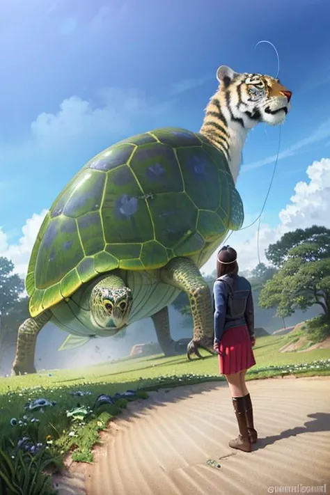 fantasy art, (ultimate quality, masterpiece, highres:1.0), (photorealistic, realistic:1), 
[tiger:0.3|fish:2|turtle], CONCEPT_Oversized_Animal_ownwaifu, 1girl, outdoors, cloud, standing, sky, from behind, day, oversized animal,
 <lora:CONCEPT_Oversized_Animal_ownwaifu:1>