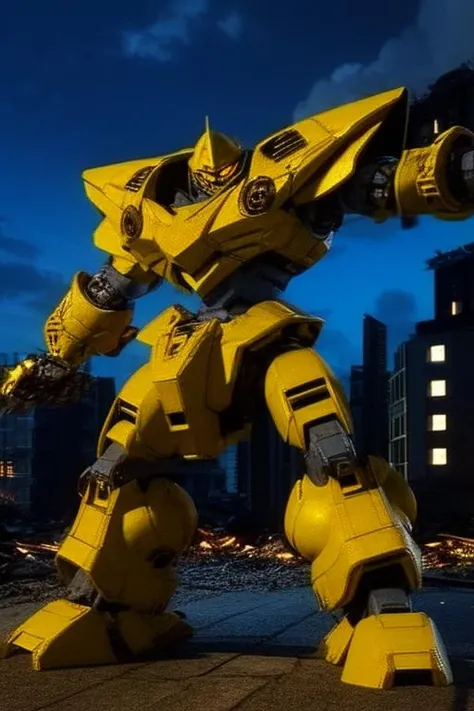 best quality, masterpiece, highly detailed, ultra-detailed, science fiction, AmphibiousMS, one-eyed, glowing_eyes, a (((yellow mecha))) with sleek and menacing design, yellow body, massive body, wide waist, fat body, round body parts, (yellow mecha armor:1.5), glowing , mechanical parts, robot joints, (Detailed eye description:1.2), (huge mechanical claws:1.3), (detailed armor description:1.2), (detailed weapon description:1.2), (missile pod), (punching;1.5),
(darkness background:0.7), detailed background, evening, night sky, cloud sky, fire, conflagration, deep fog, collapsed building, city, ocean,
<lora:AmphibiousMS1664851815628960846:0.5> <lora:srd_v3_5d:0.6> <lora:LowRa:0.65> <lora:epi_noiseoffset2:0.2>