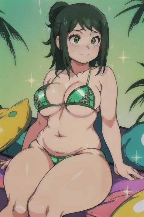 Masterpiece, best quality, (((midoriya_inko))), green hair, green eyes, smile, ((boob focus)), ((large breasts)), wide hips, ((glittery bikini)), (black bikini), ((facing to the side)), (radiant clothing), ((glittery lingerie)), ((lace bikini)), (sparkle), ((underboob bikini)), (lace trimmed bikini), (shimmery black bikini), ((sitting)), (bedroom), very chubby, <lora:inko_midoriya_v1:1>