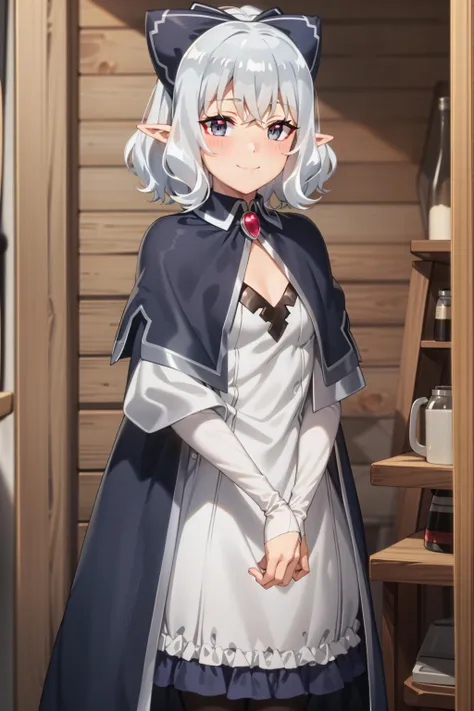 best quality, masterpiece, highly detailed,
<lora:chara_IsekaiNonbiriNouka_Flora_v2:0.8>, flora,
solo, closed mouth, light smile, light blush,
grey hair, short hair, grey eyes, pointy ears, bow, small breasts,
white dress, short dress, capelet, brooch,
standing, looking at the viewer,
indoors, wood
