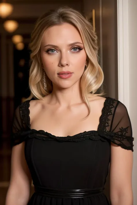scarlet1,1girl, (realistic),(hyperrealism),(best quality),(masterpiece),(ultra high res),(photorealistic),idol,eye makeup,detailed eyes,detailed face,black dress, posing for a photo, at the hallway <lora:scarletX:1>