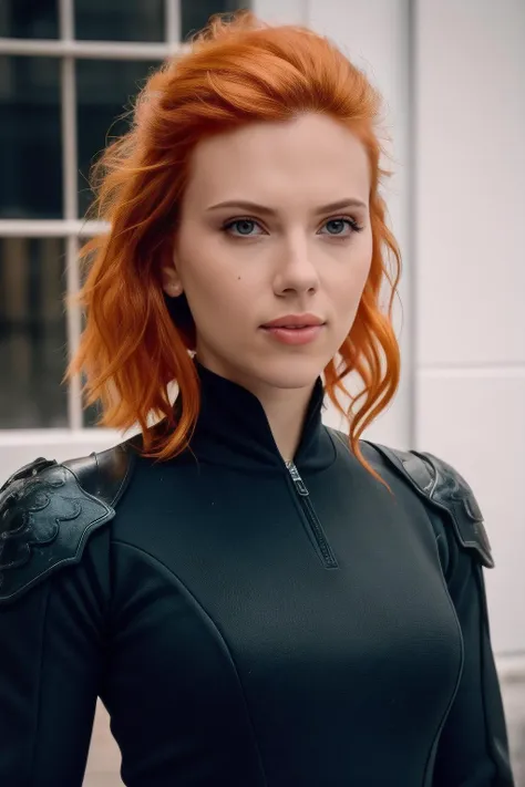 scarlet1,1girl, solo, (realistic),(hyperrealism),(best quality),(masterpiece),(ultra high res),(photorealistic),(film grain),(upper body),orange hair, eye makeup,detailed eyes,detailed face,black suit armor, posing for a photo, outside winter <lora:scarletX:1>