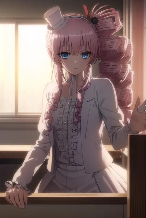 korewachris, <lora:korewa chris s2-lora-nochekaiser:1>,
chris, long hair, blue eyes, pink hair, drill hair, side ponytail,
BREAK hat, dress, frills, mini hat, top hat, mini top hat,
BREAK indoors, classroom,
BREAK looking at viewer, (cowboy shot:1.5),
BREAK <lyco:GoodHands-beta2:1>, (masterpiece:1.2), best quality, high resolution, unity 8k wallpaper, (illustration:0.8), (beautiful detailed eyes:1.6), extremely detailed face, perfect lighting, extremely detailed CG, (perfect hands, perfect anatomy),