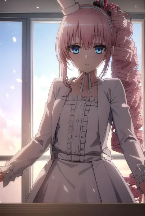 korewachris, <lora:korewa chris s2-lora-nochekaiser:1>,
chris, long hair, blue eyes, pink hair, drill hair, side ponytail,
BREAK hat, dress, frills, mini hat, top hat, mini top hat,
BREAK indoors, classroom,
BREAK looking at viewer, (cowboy shot:1.5),
BREAK <lyco:GoodHands-beta2:1>, (masterpiece:1.2), best quality, high resolution, unity 8k wallpaper, (illustration:0.8), (beautiful detailed eyes:1.6), extremely detailed face, perfect lighting, extremely detailed CG, (perfect hands, perfect anatomy),