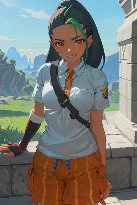 <lora:botw_style_offset:0.8>,((masterpiece,best quality)), absurdres, <lora:Nemona_Pokemon:0.8>, Nemona_Pokemon,  black hair, green hair, orange eyes, dark skin, multicolored hair, two-tone hair, hair pulled back, collared shirt, fingerless gloves, orange shorts,  solo, smiling, looking at viewer, cowboy shot,