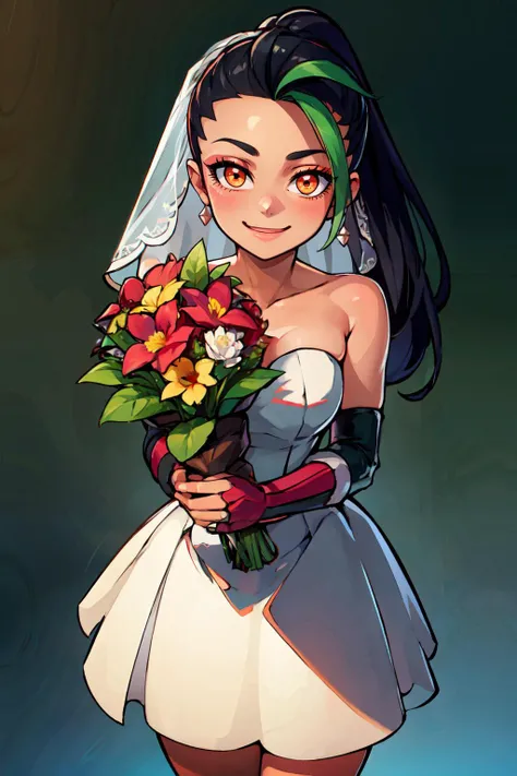 ((masterpiece,best quality)), absurdres, <lora:Nemona_Pokemon:0.7>, Nemona_Pokemon, black hair, green hair, orange eyes, dark skin, multicolored hair, two-tone hair, hair pulled back, bride, wedding dress, bridal veil, strapless dress, elbow gloves, holding bouquet, solo, smiling, looking at viewer, cowboy shot, leaning forward,