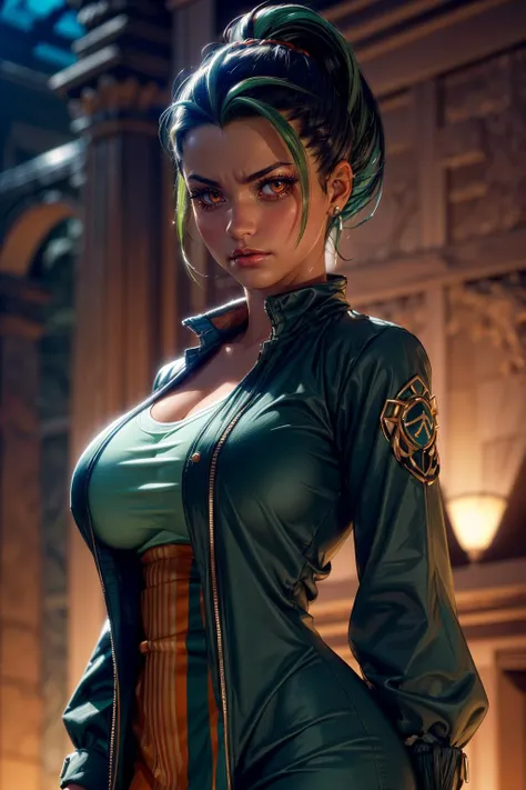 (ultra realistic,32k, masterpiece:1.2),(high detailed skin:1.1),( high quality:1.1),
<lora:Nemona_Pokemon:0.5>(annoyed:1.1),Nemona_Pokemon, black hair, green hair, orange eyes, dark skin, multicolored hair, two-tone hair, hair pulled back,dress, jacket, blurry background,,(looking at viewer, standing from below:1.1),, huge breast,large breast,<lora:add_detail:0.84>,
(beautifully lit:1.1),