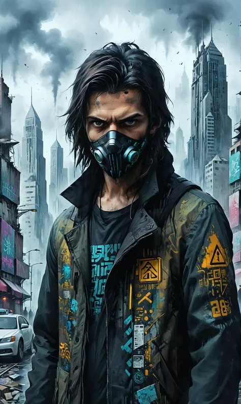 a Corporate hacker with encrypted access codes at a Dystopian cityscape with massive pollution, ultra-fine digital painting, <lora:xl_more_art-full_v1:0.3>, <lora:Dark_Novel:0.7>, <lora:Graffiti_SDXL:0.5> ais-graffiti