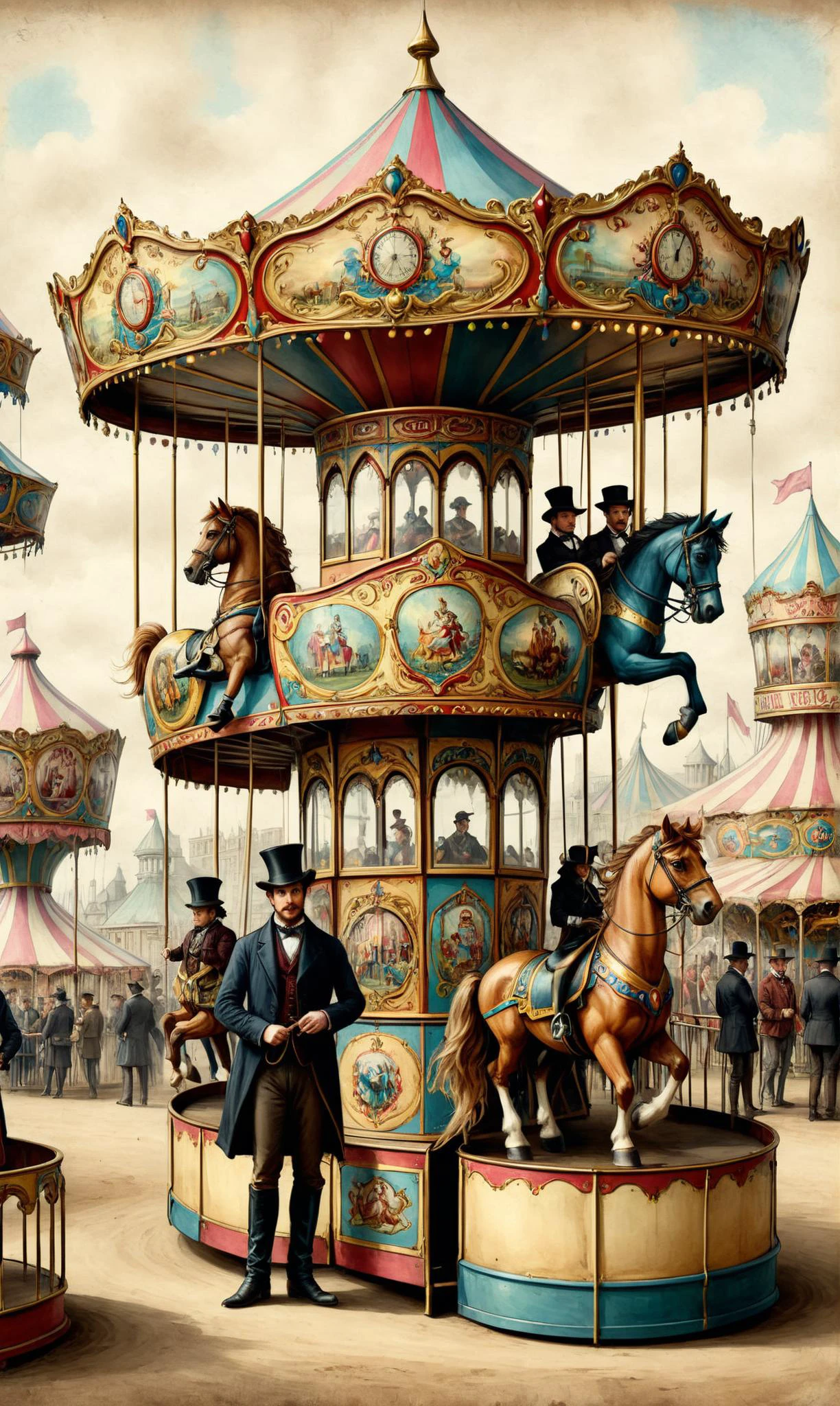 a custom/characters/victorian at a Victorian fairground with carousel and games, ultra-fine digital painting, <lora:xl_more_art-full_v1:0.3>, <lora:ParchartXL-1.5:0.7> on parchment, ink illustration, <lora:Graffiti_SDXL:0.5> ais-graffiti