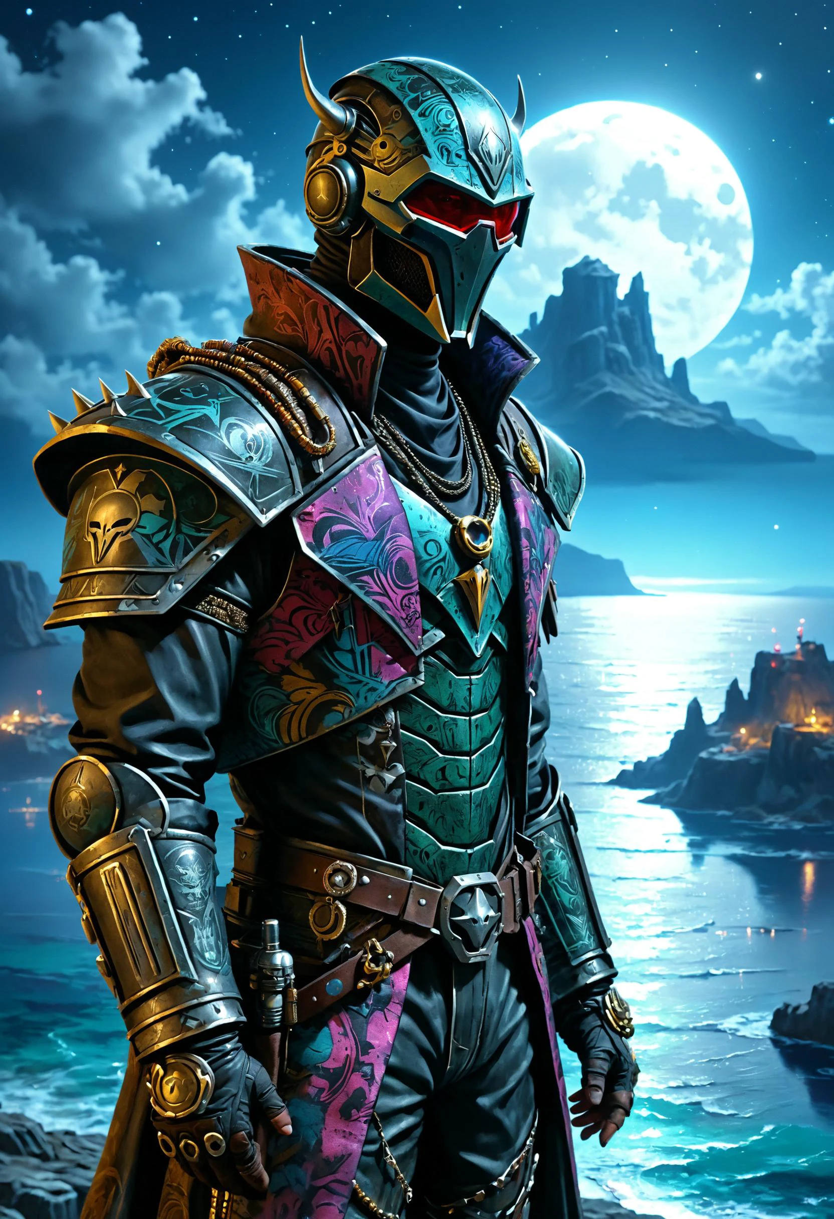 <lora:evil_villain:1> evil villain Merciless cyberspace bounty hunter, <lora:outrageous_fashion:1> outrageous fashion, Moonlit seascape with distant islands in the background, <lora:xl_more_art-full_v1:0.4>, <lora:MJ52:0.4>, holography, <lora:envy_rough_oil:0.7>, <lora:Graffiti_SDXL:0.5> ais-graffiti, sharp focus, highly detailed