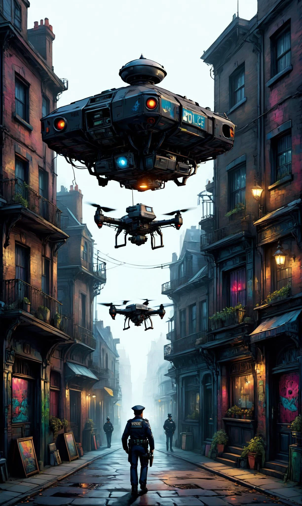 a custom/characters/victorian at a Hovering police drones patrolling dark alleys, ultra-fine digital painting, <lora:xl_more_art-full_v1:0.3>, <lora:EldritchComicsXL:0.7>, <lora:Graffiti_SDXL:0.7> ais-graffiti