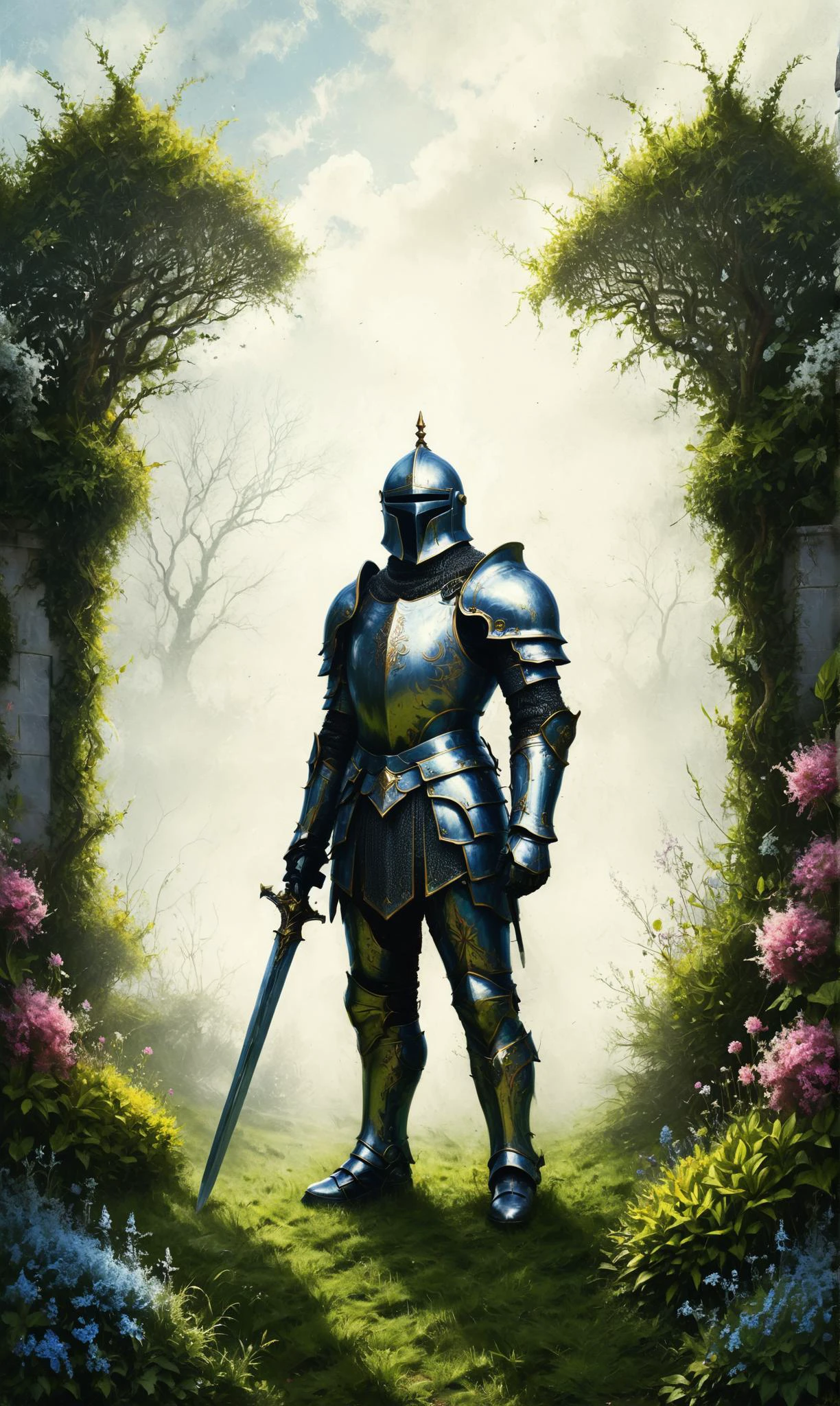 a Celestial knight with radiant, enchanted armor at a Victorian garden with meticulously trimmed hedges, ultra-fine digital painting, <lora:xl_more_art-full_v1:0.3>, <lora:Desolation:0.7>, <lora:Graffiti_SDXL:0.5> ais-graffiti