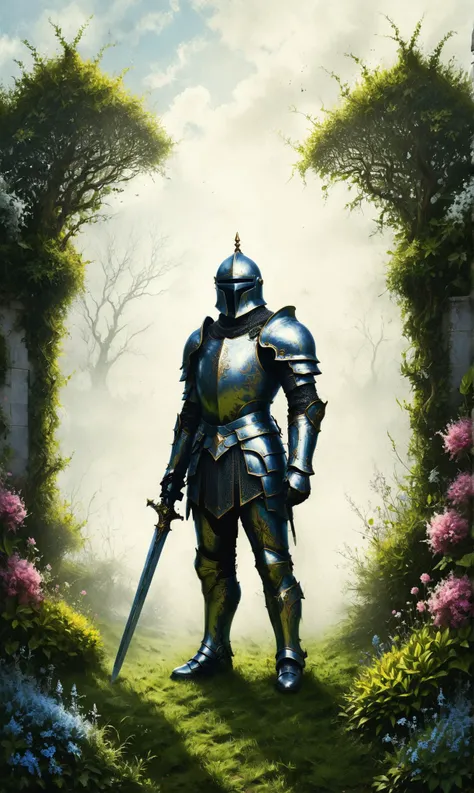 a Celestial knight with radiant, enchanted armor at a Victorian garden with meticulously trimmed hedges, ultra-fine digital painting, <lora:xl_more_art-full_v1:0.3>, <lora:Desolation:0.7>, <lora:Graffiti_SDXL:0.5> ais-graffiti