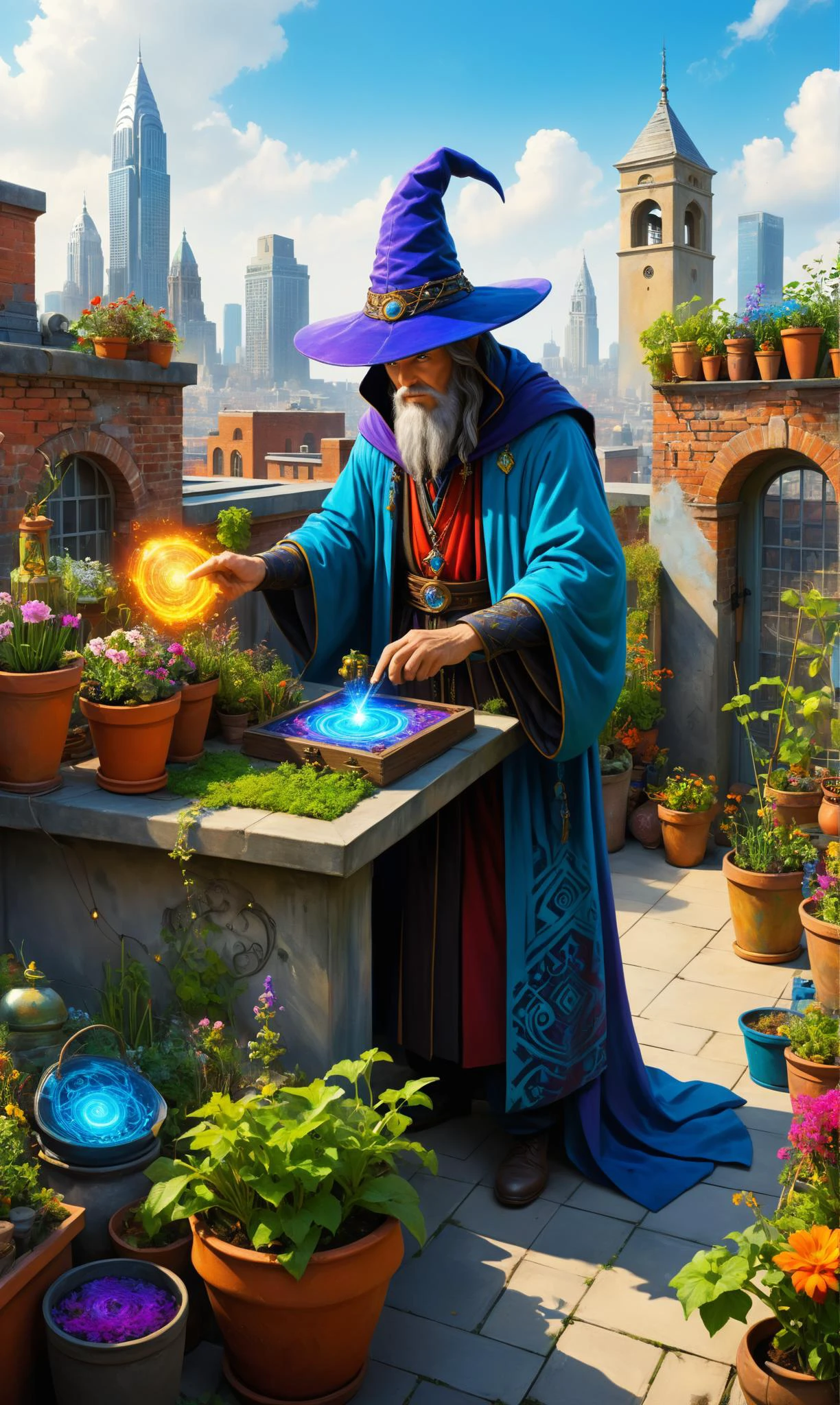 a Time-traveling sorcerer with mysterious artifacts at a Rooftop garden overlooking the city, ultra-fine digital painting, <lora:xl_more_art-full_v1:0.3>, <lora:gorgoeus_splash_of_vibrant_paint:0.7> Gorgeous splash of vibrant paint, <lora:Graffiti_SDXL:0.5> ais-graffiti