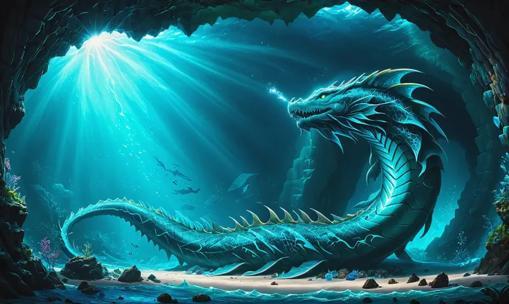 photorealistic, detailed digital illustration of a Sea serpent with bioluminescent patterns at a Submerged crystal cave emitting radiant light <lora:xl_more_art-full_v1:0.4>, <lora:Graffiti_SDXL:0.5> ais-graffiti, Sunrays shine upon it, <lora:Leviathan_XL:0.8>