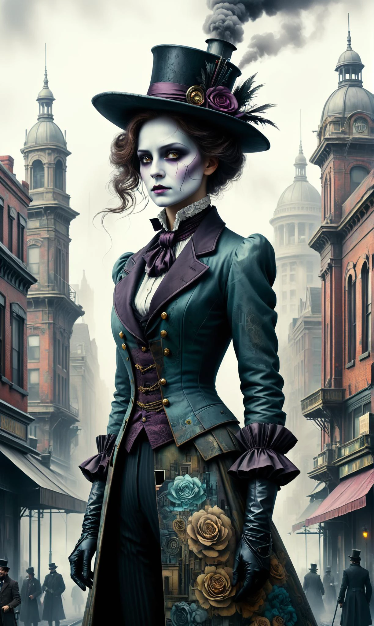 a custom/characters/victorian at a Dystopian cityscape with perpetual smog, ultra-fine digital painting, <lora:xl_more_art-full_v1:0.3>, <lora:MindWarp:0.7>, <lora:Graffiti_SDXL:0.7> ais-graffiti