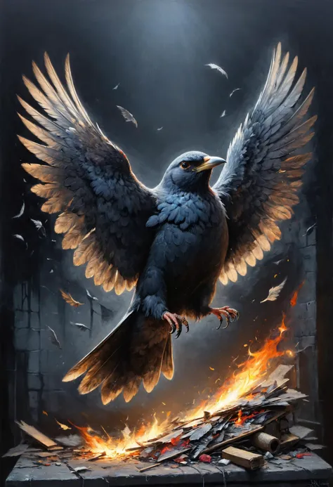 Blackbird singing in the dead of night, Take these broken wings and learn to fly, <lora:xl_more_art-full_v1:0.4>, Firelight, <lora:NicolaSamori:0.7>, <lora:Graffiti_SDXL:0.5> ais-graffiti