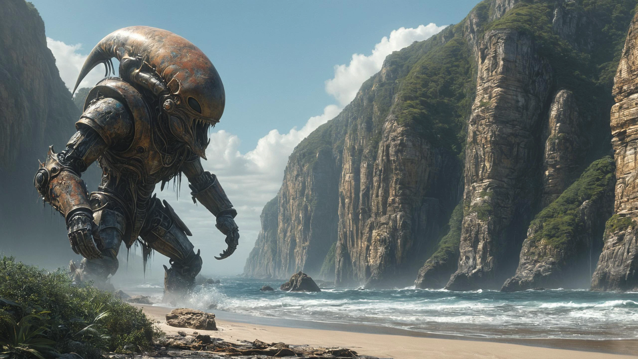 alien landscape, Biomechanical towering metallic giants, Enchanted groves alive with sentient flora, Towering cliffs overlooking crashing ocean waves , alien [fauna:flora:0.5], Harsh Sunlight, <lora:Graffiti_SDXL:0.5> ais-graffiti, <lora:add-detail-xl:0.4>, highly detailed, photorealism, hyperrealism, <lora:XL_boss_battle:1> Bosstyle