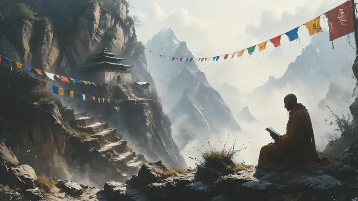 A cliffside monastery in the Himalayas, where monks meditate amidst fluttering prayer flags,, tenebrism, ais-graffiti, makoto shinkai, magical painting, trending on artstation <lora:MJ52:0.8> <lora:Graffiti_SDXL:0.5> <lora:Desolation:0.7>