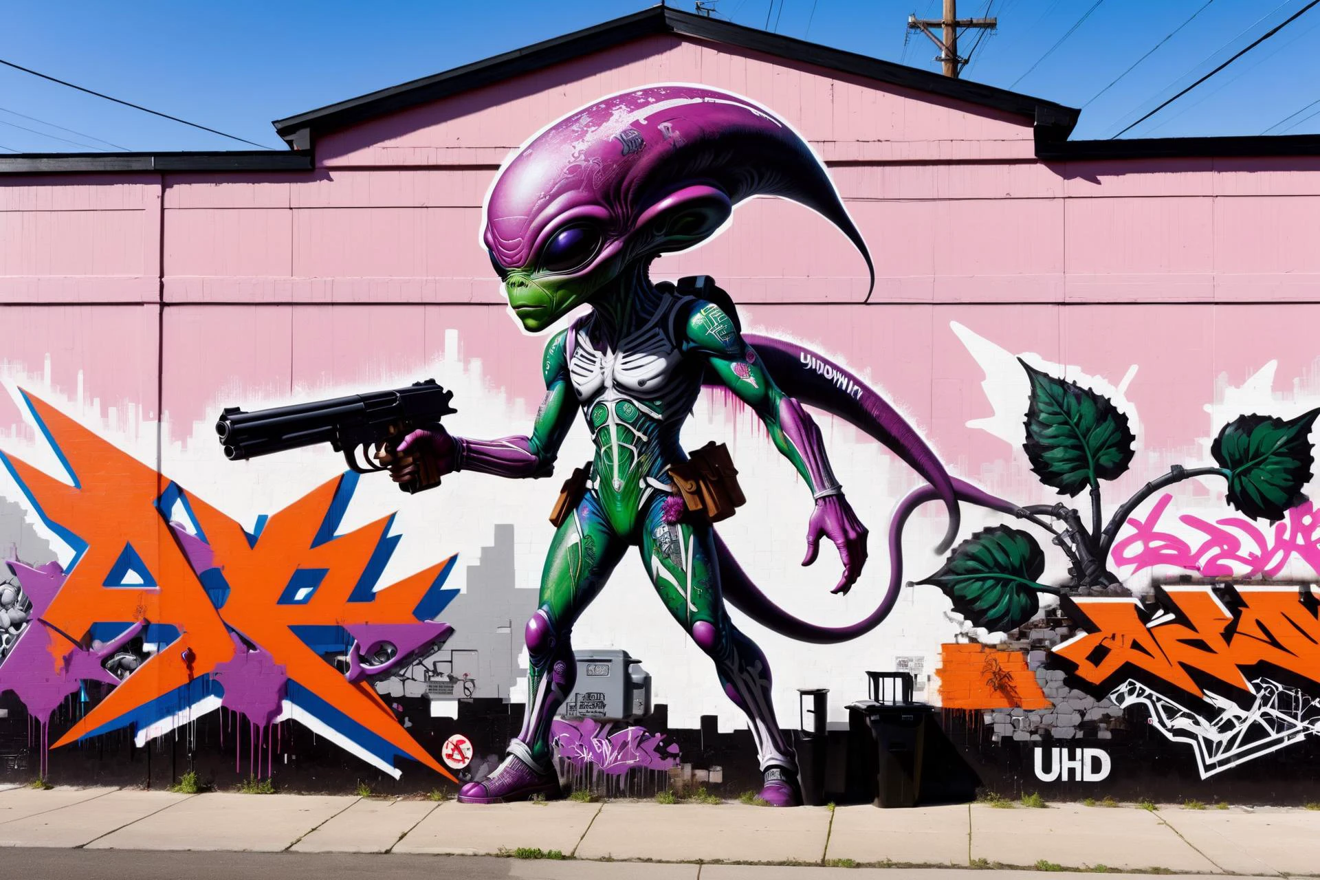 ais-graffiti mural of an alien gangster with handgun on wall of an abandoned in Plumcoloring, layered paint, black and Mauve-colored diagonal background, people walking on side walk, garbage bin, power lines, down spout, traffic signs, by tom whalen <lora:Graffiti_SDXL:0.8> ziprealism, <lora:EnvyBetterHiresFixXL01:1>, masterpiece, best quality, ultra high res, (photorealistic, realistic:1.2), deep shadow, raw photo, film grain, Fujifilm XT3, 8k uhd, dslr