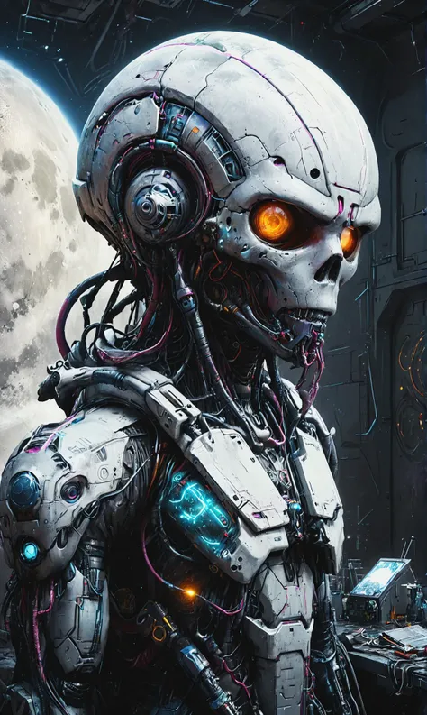 Detailed digital portrait of a <lora:BioPunk2AI_XL:0.7> biopunkai cyborg at a Lunar research facility discovering extraterrestrial artifacts, <lora:xl_more_art-full_v1:0.4>, <lora:Graffiti_SDXL:0.5> ais-graffiti, Global illumination, <lora:Desolation:0.7>