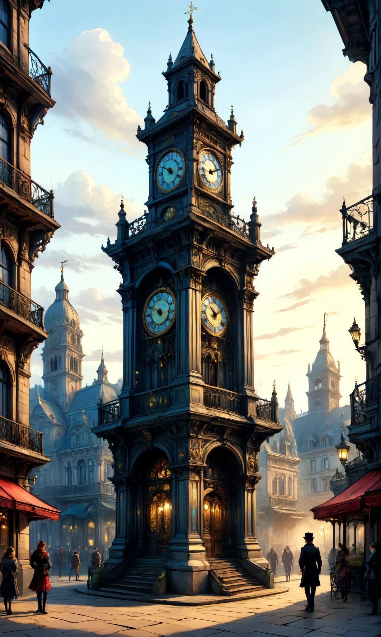 a Ethereal spirit with Victorian-inspired ethereal glow at a Ornate clock tower in city center, ultra-fine digital painting, <lora:xl_more_art-full_v1:0.3>, <lora:EldritchComicsXL:0.7>, <lora:Graffiti_SDXL:0.5> ais-graffiti
