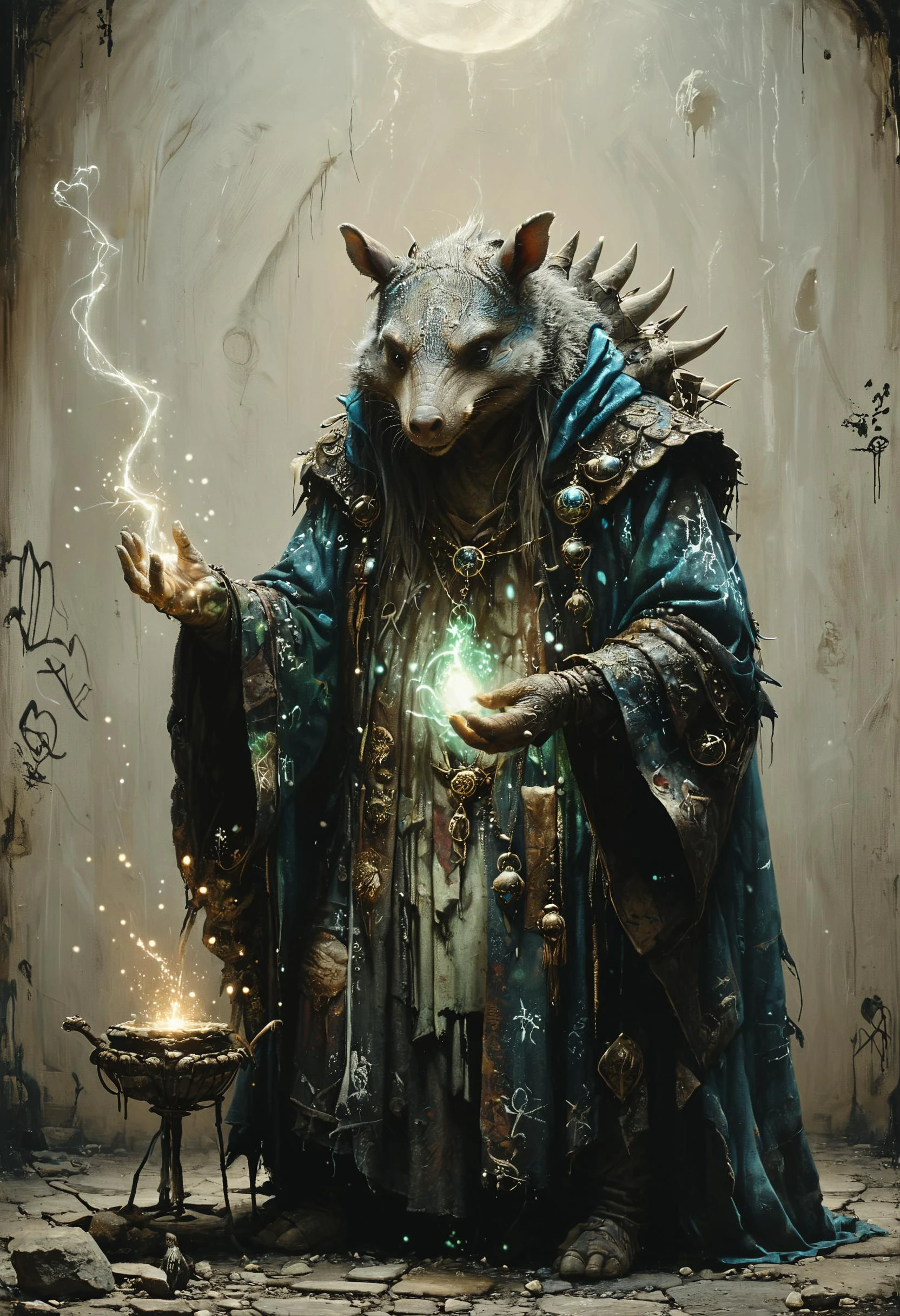 anthropomorphic Armadillo warlock casting a spell, <lora:Melting_world:0.8>, <lora:great_lighting:0.8> great lighting, glow in the dark, <lora:Graffiti_SDXL:0.5> ais-graffiti, <lora:hkmagicV2:0.8> hkmagic