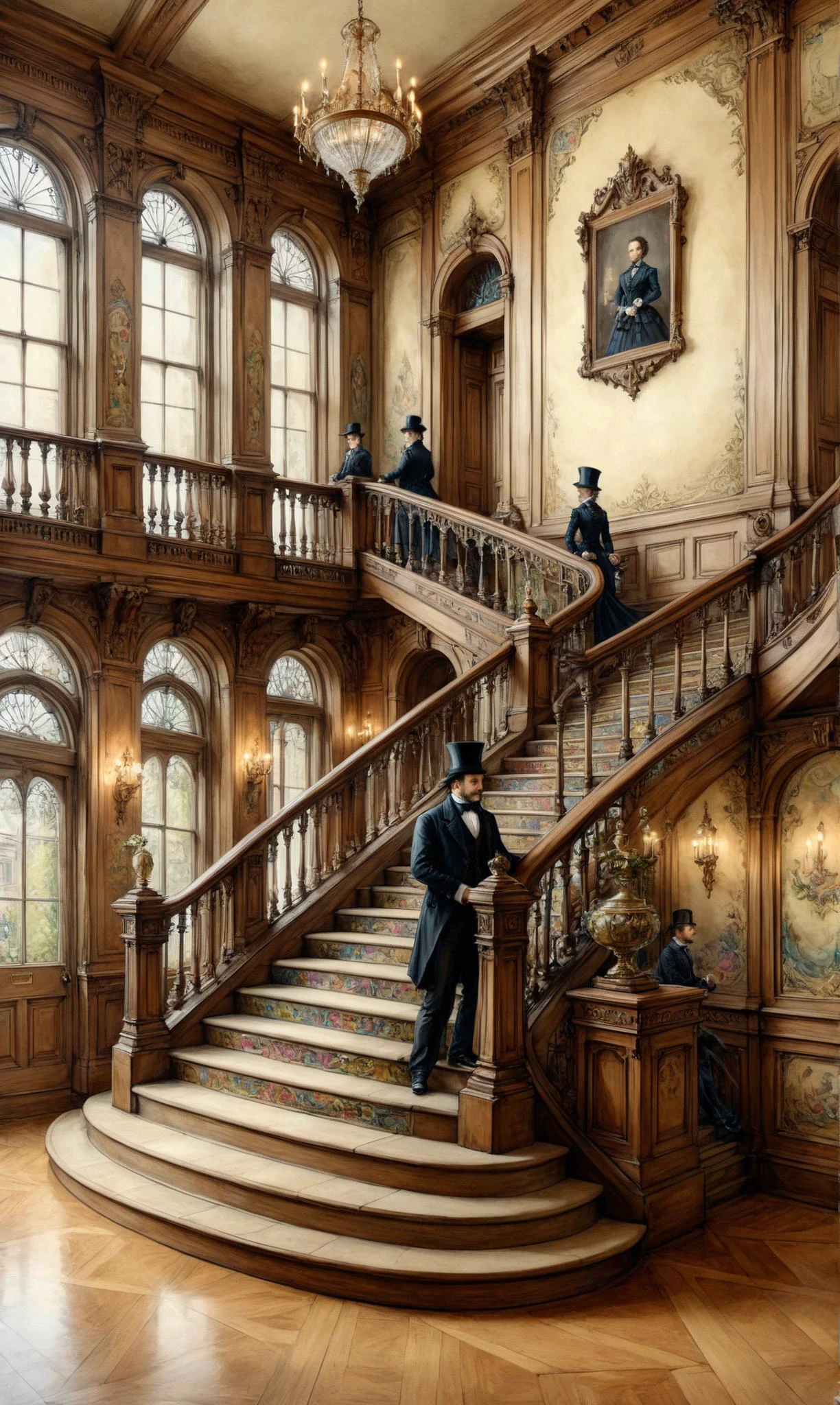 a custom/characters/victorian at a Grand staircase in a stately mansion, ultra-fine digital painting, <lora:xl_more_art-full_v1:0.3>, <lora:ParchartXL-1.5:0.7> on parchment, ink illustration, <lora:Graffiti_SDXL:0.5> ais-graffiti