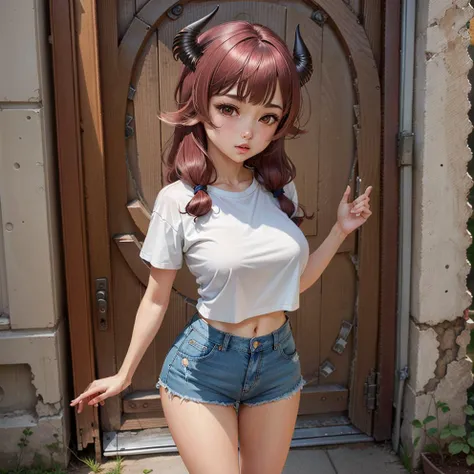 (masterpiece, official art), goat-chan, 1girl, solo, small, breasts, large breasts, white shirt, denim shorts, standing, outdoor, street, <lora:goat-chan-10:0.8>
