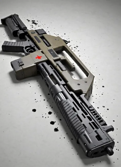 a m41apls rifle advertisement poster, iconic, abstract, flashy, text "Putting holes in Everything", bullet holes, massive destruction,
<lora:Armat_M41A_Pulse_Rifle_-_Aliens_SDXL:1>