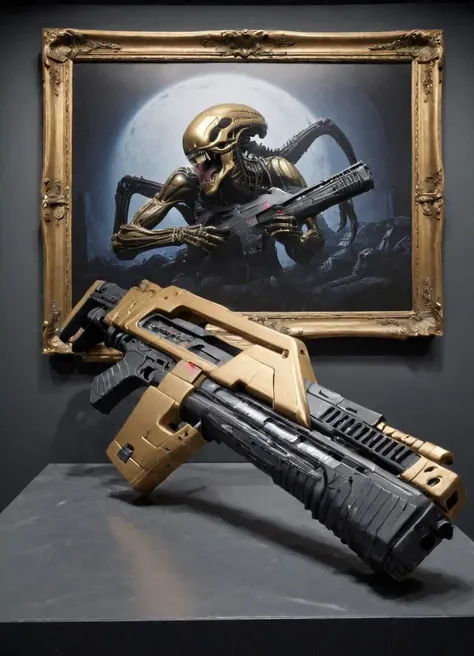 a golden frame with a m41apls rifle on display in a museaum with a picture of a dead alien xenomorph beside it
<lora:Alice_Wetterlund-000010:1> <lora:Armat_M41A_Pulse_Rifle_-_Aliens_SDXL:1>