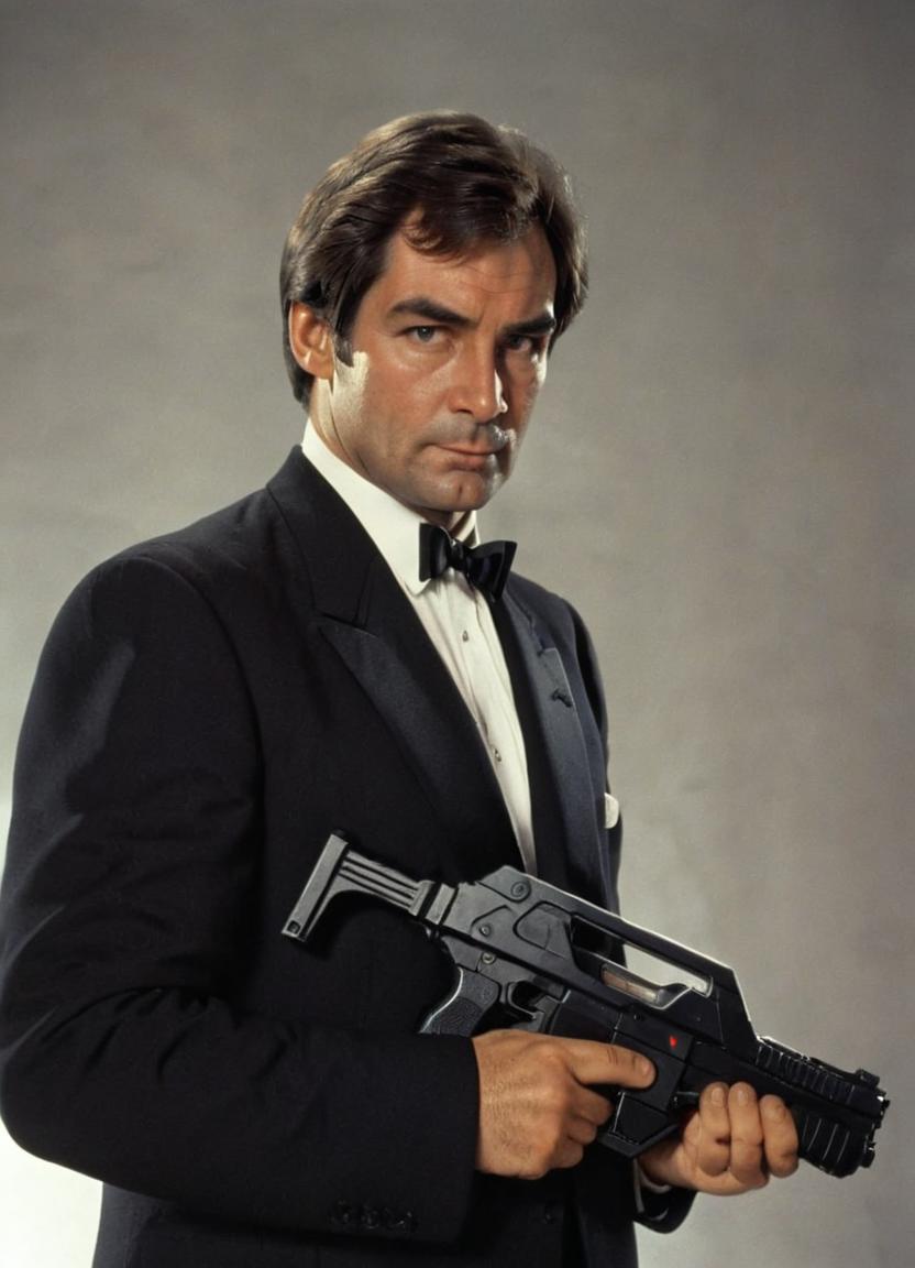 A man in a tuxedo holding a gun and wearing a bow tie - SeaArt AI