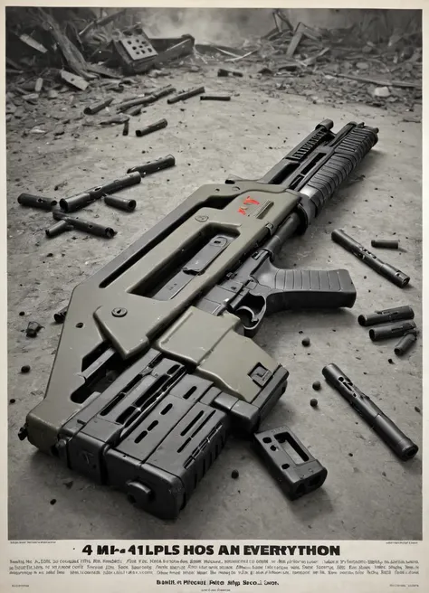 a m41apls rifle advertisement poster, iconic, abstract, flashy, text "Putting holes in Everything", bullet holes, massive destruction,
<lora:Armat_M41A_Pulse_Rifle_-_Aliens_SDXL:1>