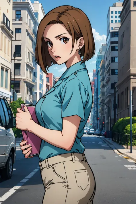 masterpiece, best quality, <lora:kinue-nvwls-v1-000009:0.7> kinue, earrings, blue shirt, short sleeves, capri pants, cowboy shot, surprised, from side, looking at viewer, street, large breasts