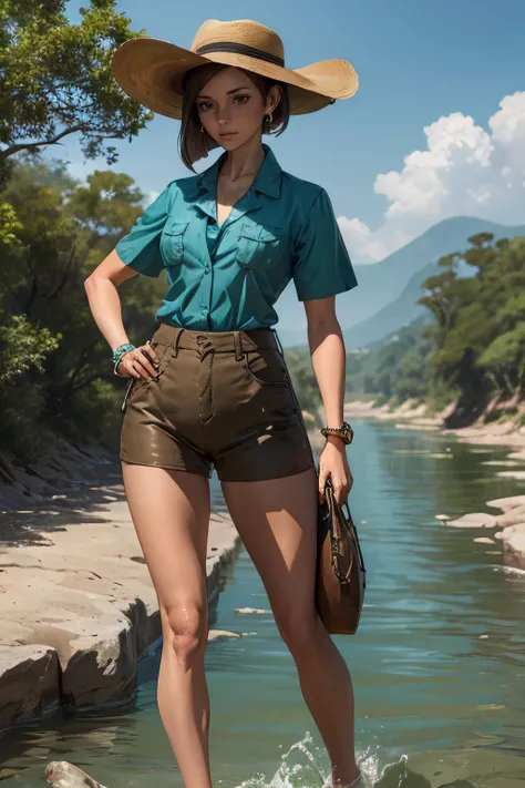 ultra detailed, sharp focus, best quality, masterpiece, colorful, <lora:kinue-nvwls-v1:1> kinue, earrings, blue shirt, short sleeves, brown hair, safari hat, river background, full body shot, best quality, masterpiece, intricate details