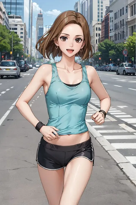 masterpiece, best quality, <lora:kinue-nvwls-v1-000009:0.7> kinue, earrings, white tank top, spandex shorts, wristbands, looking at viewer, running, street, :D