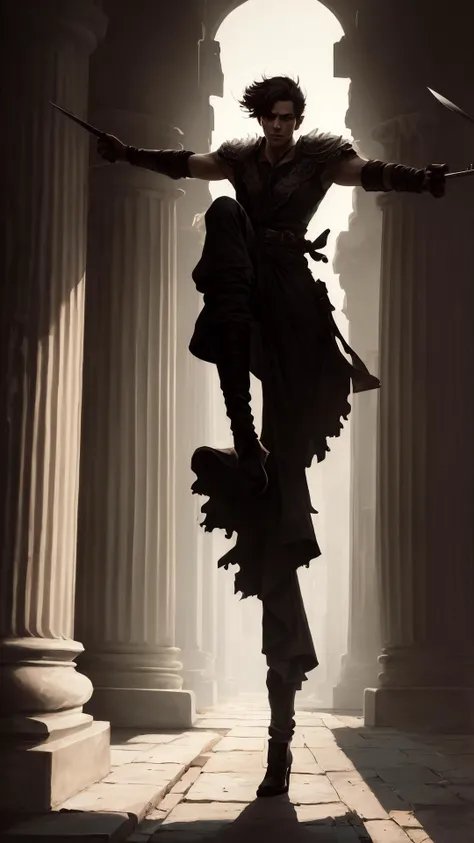 Xander Shadowsong - A brooding anti-hero dressed in dark, tattered robes, wielding twin curved daggers infused with shadow magic., in Ancient Greek Ruins: Statues of gods, crumbling columns, and the echoes of history., Kicking one leg to the side with arms in a dynamic pose, exuding a sense of action. , BREAK realistic:1.2, masterpeice, ultradetailed, intricate details, perfect quality, ultrashapr, ultradetailed, photorealistic, perfect shadows, profesional lights, realistic, boekh, rim lights, depth of fiel, ultradetailed character, pefect quality, maximum quality, intricate details, detailed face, sharp, (perfect, body:1.1), realistic, real shadow, (by Michelangelo), (profesional lights:1.3) (profesional photography:1.3), full body shoot, <lyco:GoodHands-beta2:1.0>, By jeremy mann, by sandra chevrier, by maciej kuciara