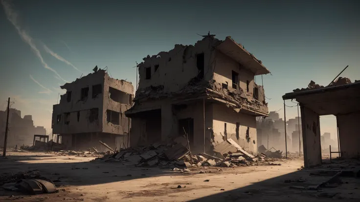 Subject: A photorealistic wallpaper depicting a realistic war-torn location with a haunting ambiance.
Type of Image: Photorealistic digital artwork capturing the aftermath of a conflict-ridden environment.
Art Styles: Photorealism, showcasing intricate details of the war-torn landscape, debris, and the mood of the scene.
Camera: Captured with a medium lens to provide a balanced view of the devastated area.
Background: The background features a war-ravaged landscape with remnants of buildings, destruction, and an overall somber atmosphere.
Render Related Information: High-resolution render (4K) with meticulous attention to detail in the debris, destruction, and the atmosphere of the scene.