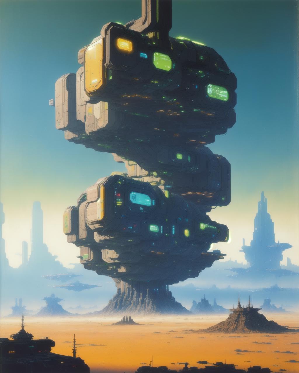A painting of a futuristic city with a tower in the middle - SeaArt AI