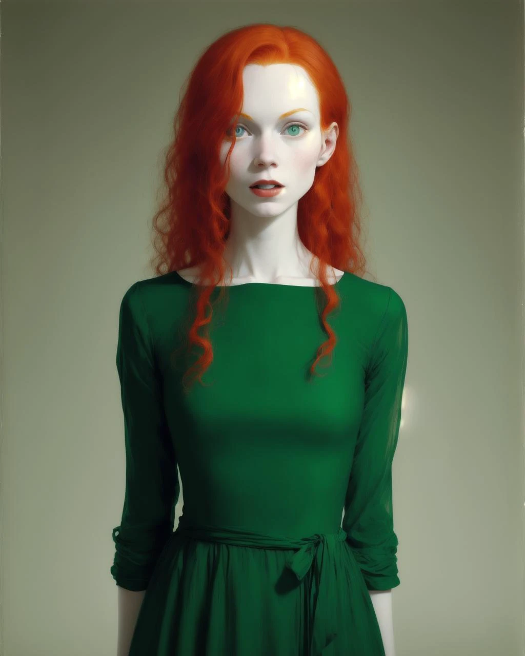 Beautiful woman, red hair, pale skin, wearing a green dress, by Gottfried Helnwein.