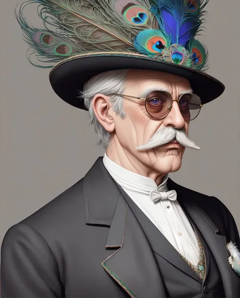 hyper detailed painting of a cool chilled confident elderly Victorian 1gentleman with an extravagant large straight symmetrical 1moustache, wearing round 1sunglasses, peacock feather in hat, muted pastel colour scheme, studio lighting, plain background,