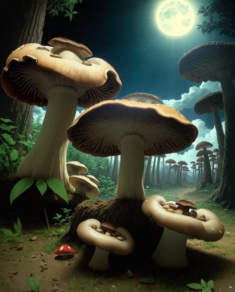 (art by Jean-Lon Grme:1.0) , Hostile Mushroom, Anime screencap, Moonlight, full 1moon, Kodak Ektar, stars in sky,