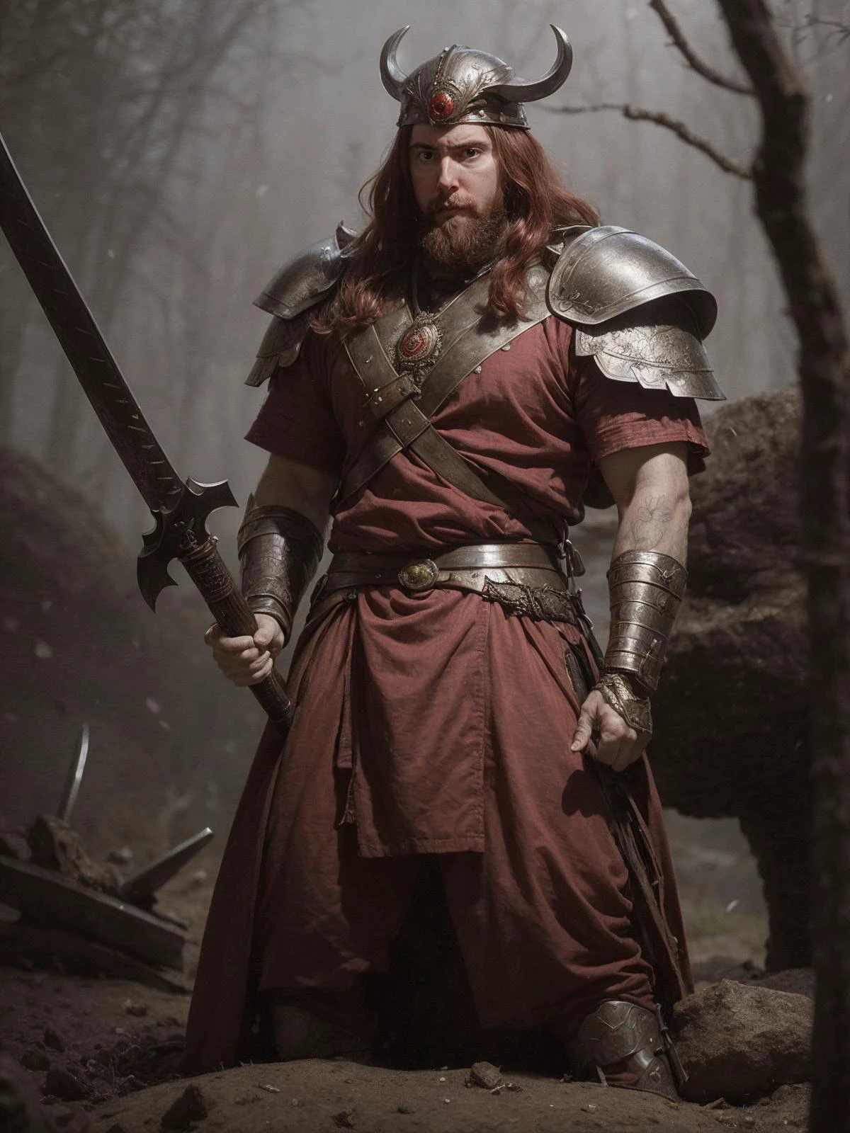 sks person, (best quality)+. (intricate detail)+, red hair, silver armor breastplate, fantasy portrait style, hero shot, looking at viewer, super-fine detail, realistic skin, samurai holding sword, tall, strong, standing on battlefield,
<lora:ReaLora:0.7>, <lora:locon_asmongold_v1_from_v1_64_32:1.25>