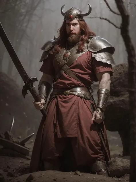 sks person, (best quality)+. (intricate detail)+, red hair, silver armor breastplate, fantasy portrait style, hero shot, looking at viewer, super-fine detail, realistic skin, samurai holding sword, tall, strong, standing on battlefield,
<lora:ReaLora:0.7>,  <lora:locon_asmongold_v1_from_v1_64_32:1.25>