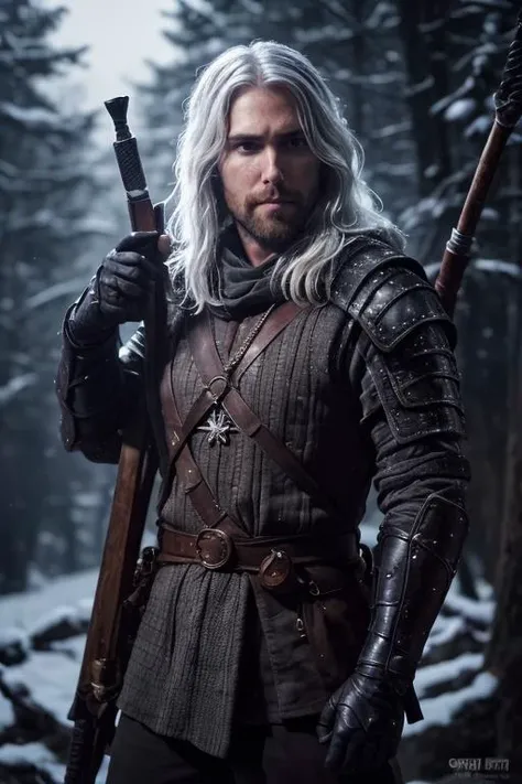 sks person (man dressed as geralt of rivia the witcher), snowy weather, freckles, pale skin, (wearing full plate armor, wolf medallion around neck), (long shot, full body) <lora:locon_asmongold_v1_from_v1_64_32:1.3>, full sharp, detailed face, looking at viewer, eye contact, (8k, RAW photo, best quality, masterpiece:1.2),ultra-detailed, (high detailed skin:1.2), 8k uhd, dslr, soft lighting, high quality