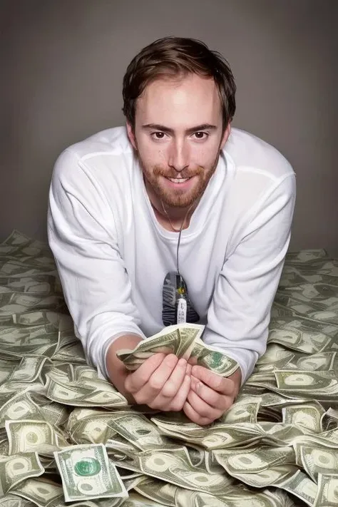 sks person (wearing white t-shirt surrounded by dollar bills), (money, dollar bills), smiling, happy, short hair, freckles, pale skin, (long shot, full body) <lora:locon_asmongold_v1_from_v1_64_32:1.25>, full sharp, detailed face, looking at viewer, eye contact, (8k, RAW photo, best quality, masterpiece:1.2),ultra-detailed, (high detailed skin:1.2), 8k uhd, dslr, soft lighting, high quality