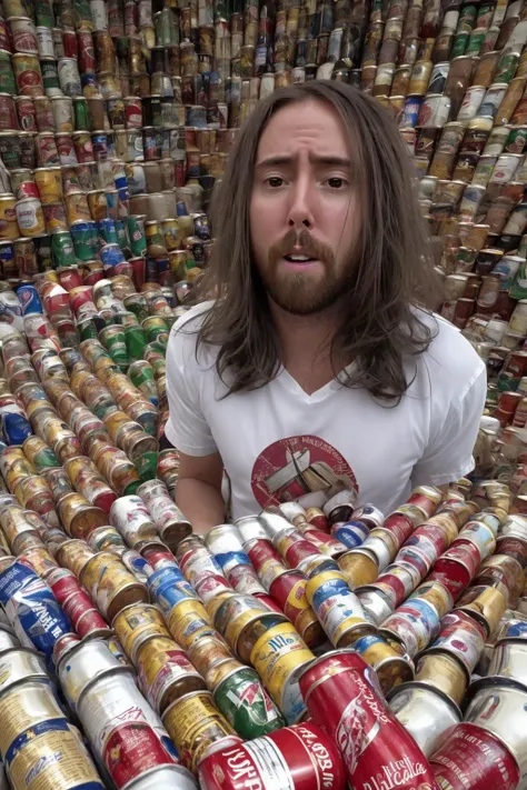 highres, masterpiece, perfect lighting, bloom, cinematic lighting, detailed face, sks person wearing plain white t-shirt, long hair, surrounded by soda cans, mountain of soda cans, dr. pepper, <lyco:locon_asmongold_v1_from_v1_64_32:1.25>