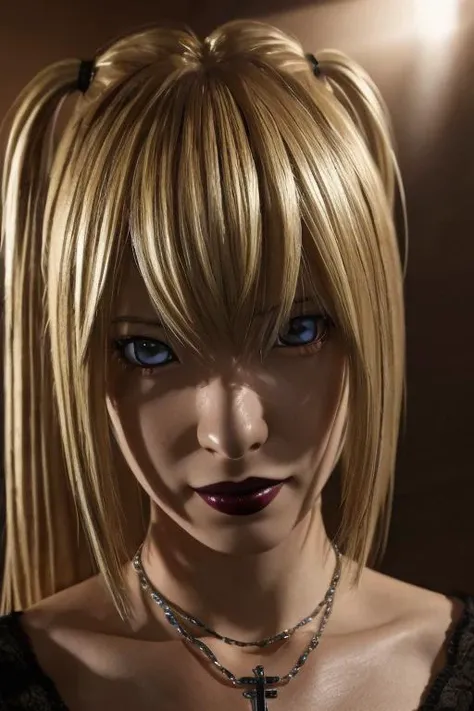 <lora:MisaAmaneV3:0.75>,Misa Amane,red eyes,shy,blonde hair,cross necklace,gothic,woman,masterpiece,best quality,highest quality,cinematic lighting,(volumetric lighting),extremely detailed CG unity 8k wallpaper,focused,8k wallpaper,4k wallpaper,extremely detailed,ultra realistic,photorealistic,sharp focus,absurdres,(HDR:1.2),(high contrast),photograph,detailed and intricate,instagram,portrait,highly detailed,digital painting,artstation,concept art,smooth,sharp focus,illustration,cinematic lighting,Style-Princess,