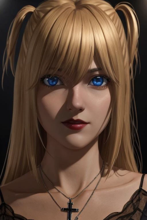 <lora:MisaAmaneV3:0.75>, closeup, Misa Amane,blue eyes,shy,blonde hair,cross necklace,gothic,woman,masterpiece,best quality,highest quality,cinematic lighting,(volumetric lighting),extremely detailed CG unity 8k wallpaper,focused,8k wallpaper,4k wallpaper,extremely detailed,ultra realistic,photorealistic,sharp focus,absurdres,(HDR:1.2),(high contrast),photograph,detailed and intricate,instagram,portrait,highly detailed,digital painting,artstation,concept art,smooth,sharp focus,illustration,cinematic lighting,Style-Princess,