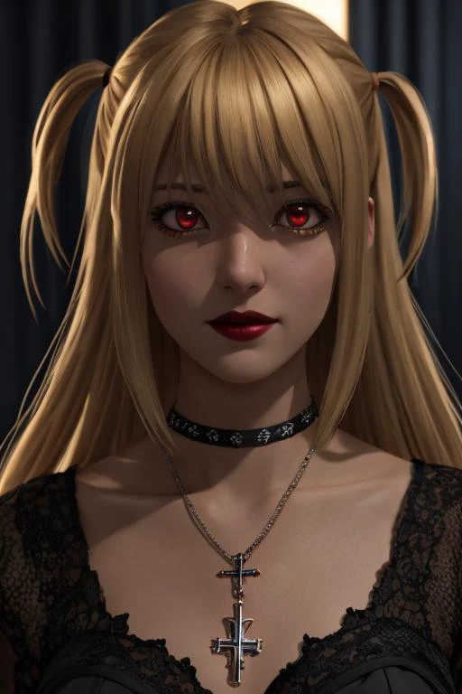 <lora:MisaAmaneV3:0.75>,Misa Amane,red eyes,shy,blonde hair,cross necklace,gothic,woman,masterpiece,best quality,highest quality,cinematic lighting,(volumetric lighting),extremely detailed CG unity 8k wallpaper,focused,8k wallpaper,4k wallpaper,extremely detailed,ultra realistic,photorealistic,sharp focus,absurdres,(HDR:1.2),(high contrast),photograph,detailed and intricate,instagram,portrait,highly detailed,digital painting,artstation,concept art,smooth,sharp focus,illustration,cinematic lighting,Style-Princess,